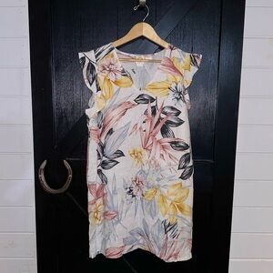 C&C California 100% Linen Floral Tropical Boho Flutter Sleeve Shift Dress Sz L